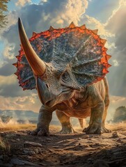 Fototapeta premium A majestic dinosaur resembling a Triceratops in a dramatic landscape with clouds.