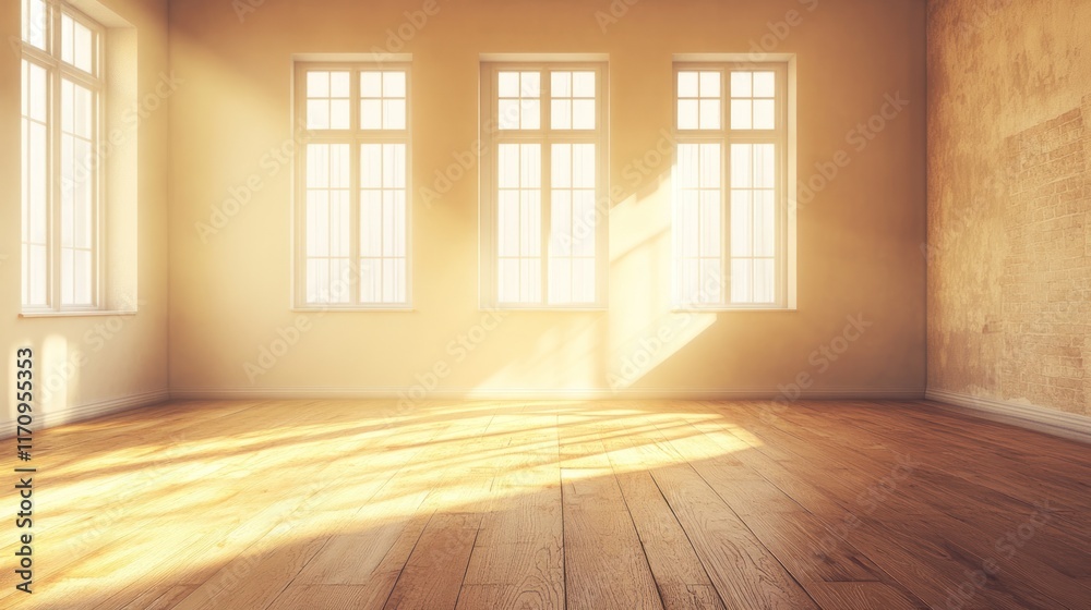 Fototapete sunlight streams into an empty room with hardwood floors and three large windows.