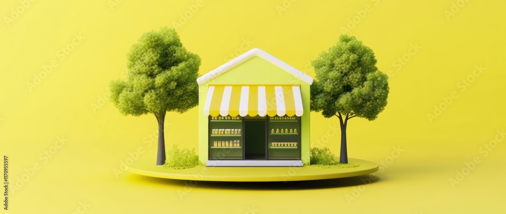 Poster small green shop with awning between two trees on yellow background.
