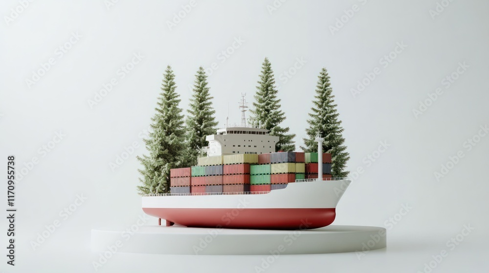 Poster cargo ship model with evergreen trees on a white platform.