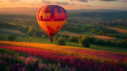 Fototapeta premium A hot air balloon flying over colorful spring fields and meadows