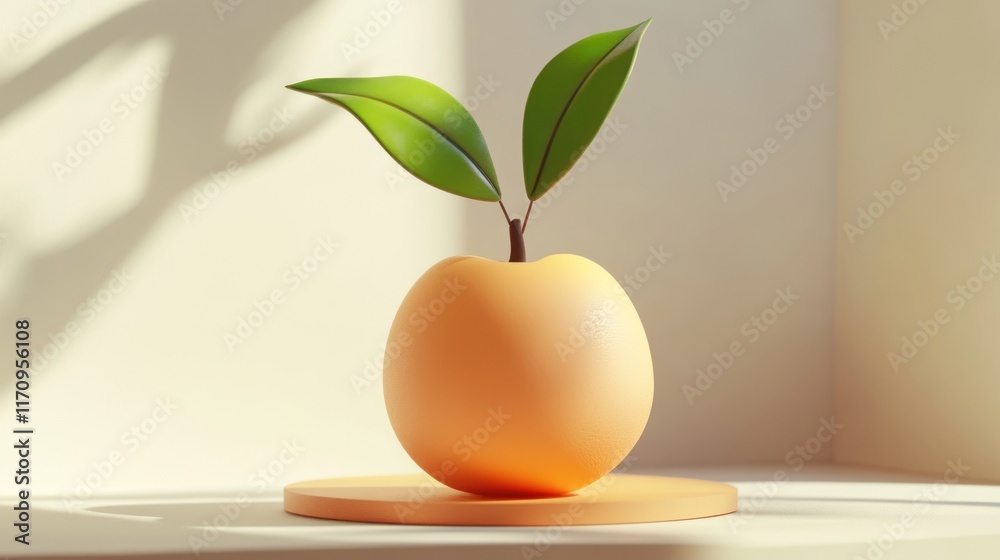 Poster minimalist 3d render of an orange with two leaves sprouting from its top, sitting on a small orange 