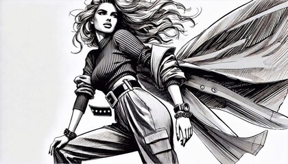 Model, low angle, ink drawing, exuding confidence in a dynamic pose in a modern pop art style