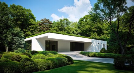 A modern white concrete house with a green roof is surrounded by lush trees and neatly trimmed bushes