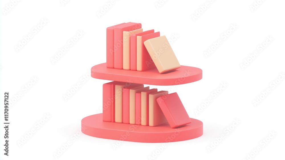 Poster two-tiered shelf with stacked books, pastel colors, 3d rendering.