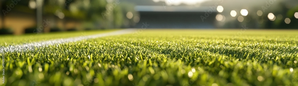 Poster close-up of artificial turf field with white line, stadium in background.