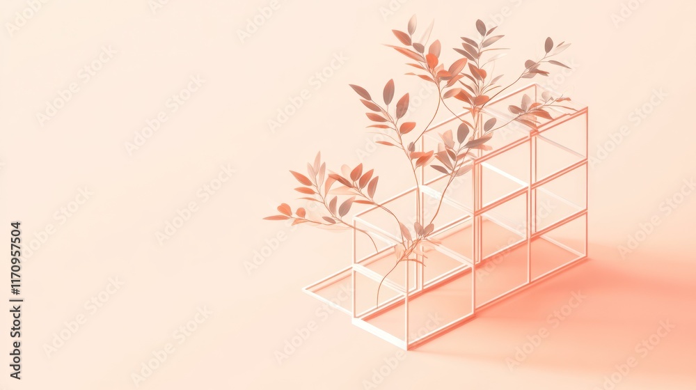 Poster minimalist 3d render of a plant in a geometric shelf.