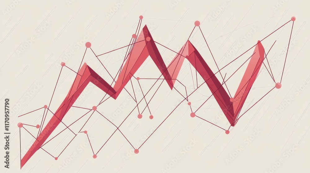 Fototapete Abstract red 3D line graph with data points on light beige background.
