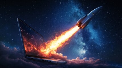 Obraz premium Laptop screen displaying a rocket launching into a starry night sky amidst clouds