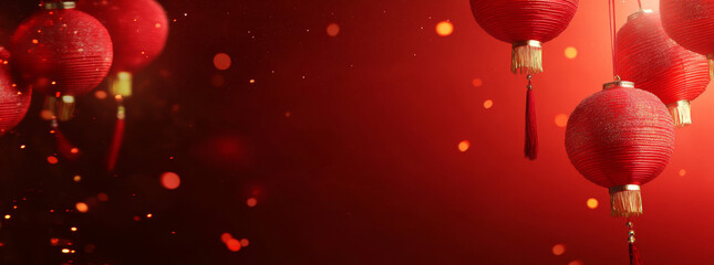 Colorful red lanterns dangle gracefully, illuminating the background with their glow. The warm shades of red create a festive atmosphere, perfect for celebrating cultural events or traditions