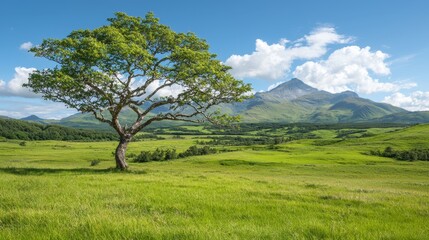 A lone tree in the middle of a grassy field with mountains in the background