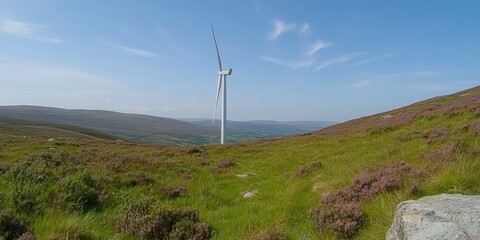 A scenic view of a wind turbine amidst green hills and heather under a clear blue sky.