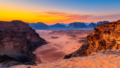Fototapeta premium Majestic sunset over vast desert landscape wadi rum photography natural wonders scenic view serenity and adventure