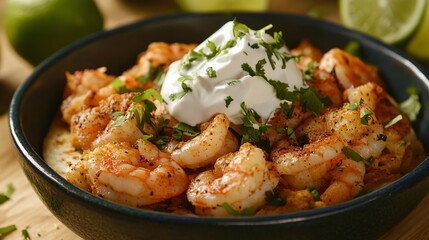A smoky shrimp quesadilla served with a dollop of sour cream, isolated on a natural wood background with decorative lime slices