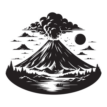 black volcano erupting over lake clip art preview