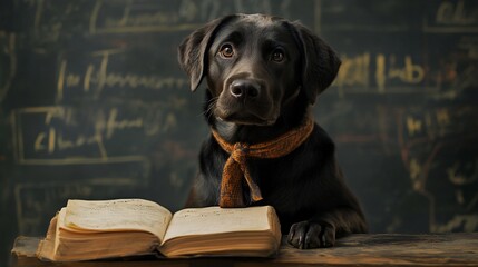 Intelligent dog with book in front of chalkboard.