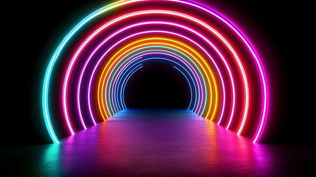 Vibrant neon rainbow tunnel urban space digital art dark environment eye-level view futuristic concept