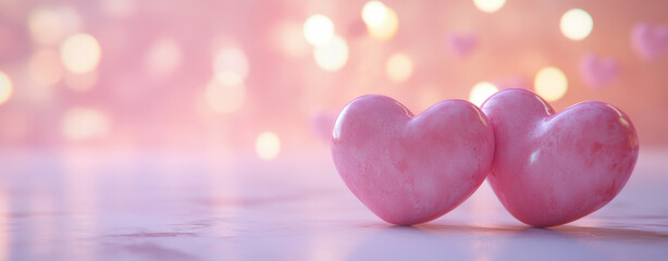 Two pink heart shapes rest closely on a white surface, surrounded by a soft, dreamy background of pink and golden lights, creating a romantic and warm atmosphere ideal for special occasions