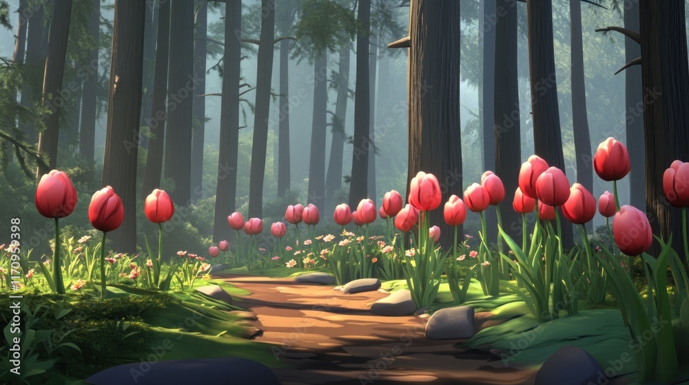 Aufkleber sunlit path through a misty forest with red tulips.
