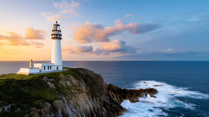 Naklejka premium Sunset lighthouse views coastal cliffs photography oceanfront aerial perspective serenity and guidance