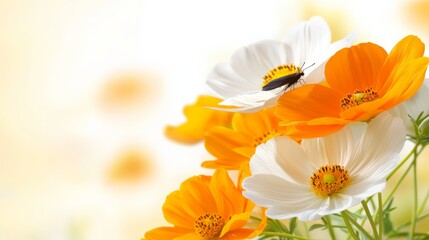 Fototapeta premium A bunch of white and orange flowers with a bug on them