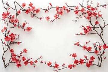Naklejka premium Delicate cherry blossom branches frame the photo. By leaving the area in the middle of the image blank. All this is set on a white background with light red accents.