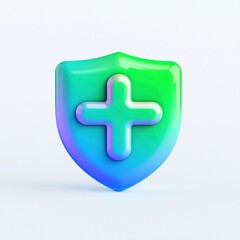 Obraz premium A colorful 3D shield icon with a plus sign, symbolizing health or security.