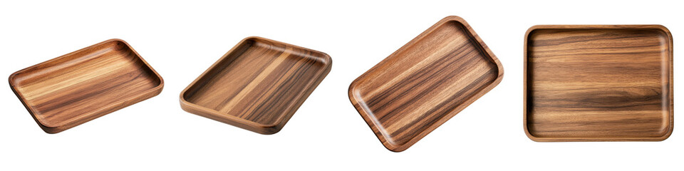 Collection of various sized natural wooden trays plates and platters in different shapes and grains for elegant dining food presentation and home decor