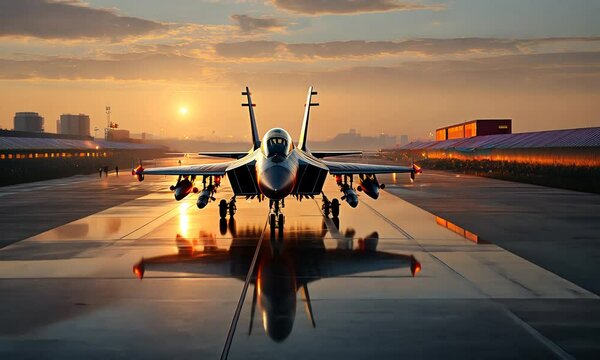 A fighter jet on the runway, with the sunrise in the background. A military F-16 jet preparing for takeoff, front view.