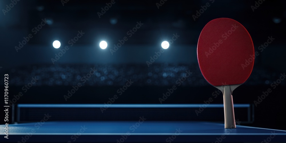 Poster table tennis paddle on a table in a dark arena with spotlights.