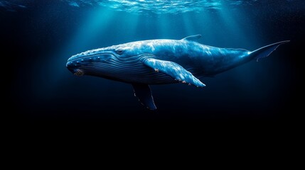 Fototapeta premium A blue whale swimming in the ocean with sunlight shining through the water