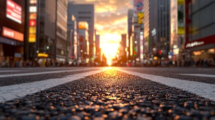 Obraz premium A city street at sunset with the sun setting in the distance