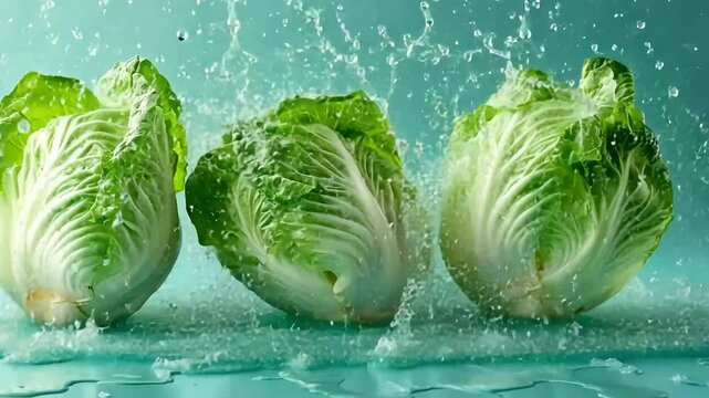 Three heads of fresh green lettuce splashing into turquoise water.