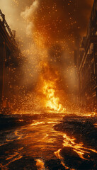 Fototapeta premium Molten metal flows through vibrant steel mill, creating dramatic scene