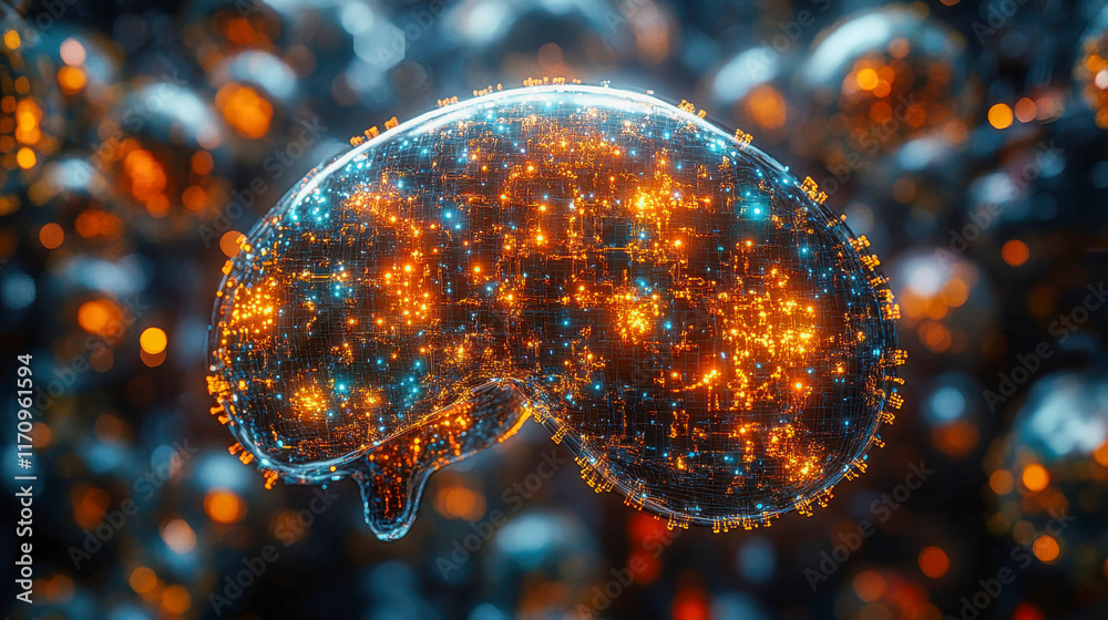 Poster a glowing neural network visualization in abstract design, depicting artificial intelligence and dat