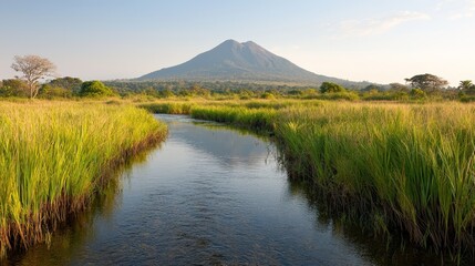 A small stream running through a grassy field with a mountain in the background