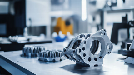 3D printed automotive part displayed in workshop, showcasing intricate design and precision engineering. environment highlights modern manufacturing techniques and innovation