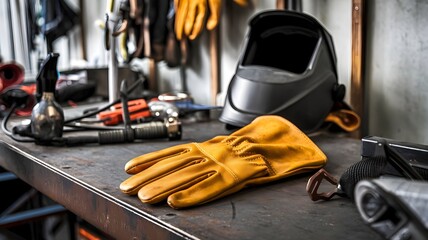 Fototapeta premium A fire resistant glove placed on a welding table