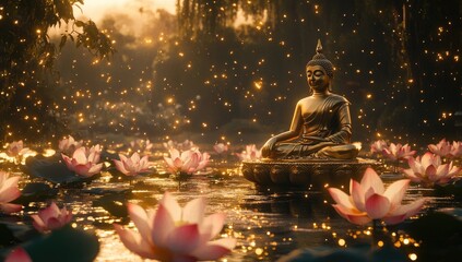 Golden Buddha statue with lotus flowers, nature background, bokeh effect, glowing particles