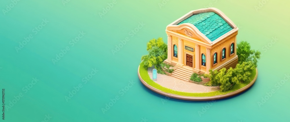 Aufkleber isometric illustration of a classical building surrounded by greenery on a pastel green background.