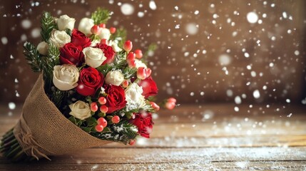 A cute winter-themed bouquet of red and white flowers wrapped in burlap, placed on a rustic wooden table with snowflakes falling around.
