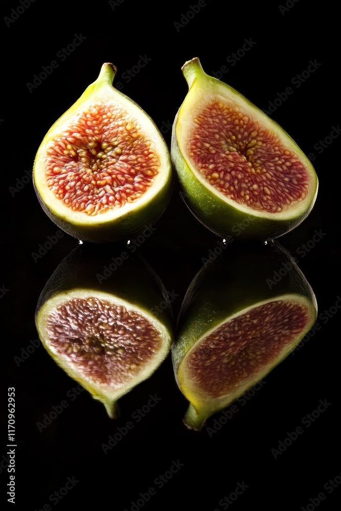 Poster two halved figs with reflection on black background.