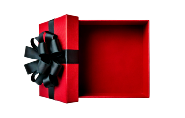 Red gift box with an open lid, decorated with a black ribbon; isolated on a transparent background; PNG