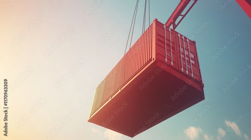 Poster a red shipping container is lifted by a crane against a bright sky.