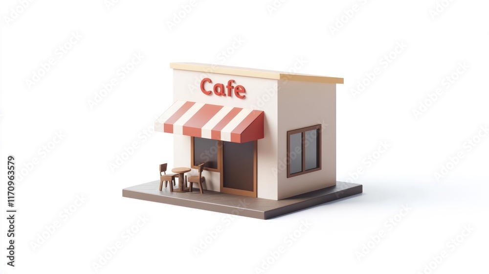 Poster 3d render of a small cafe building with red and white striped awning, simple design, isolated on whi