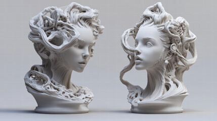 Obraz premium detailed 3D printed sculpture showcasing intricate hair designs and facial features, emphasizing artistic precision and creativity in modern art