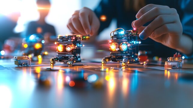 Elementary students engage in hands-on robotics building activities in a classroom environment