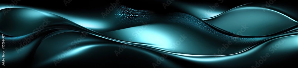 Poster abstract teal waves flowing smoothly on dark background.