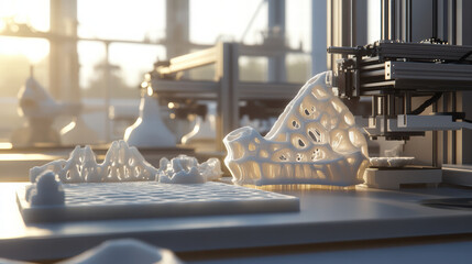 3D printing process showcasing sustainable design with intricate structures and organic shapes. scene highlights advanced technology in bright, modern workspace