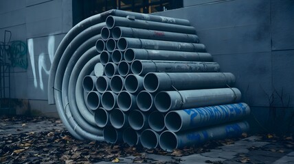 A stack of scaffolding pipes against a gray wall